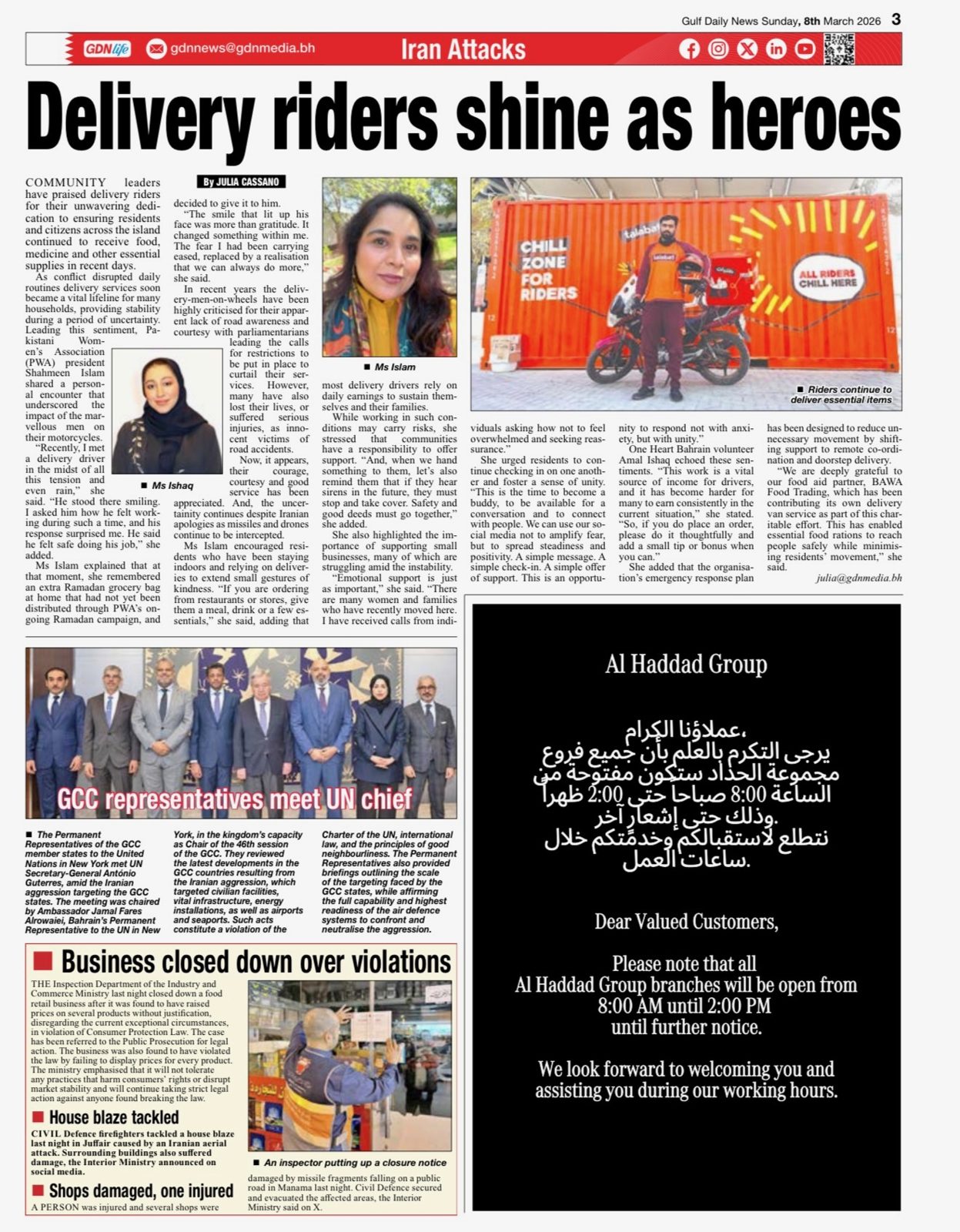 Gulf Daily News page: Delivery riders shine as heroes