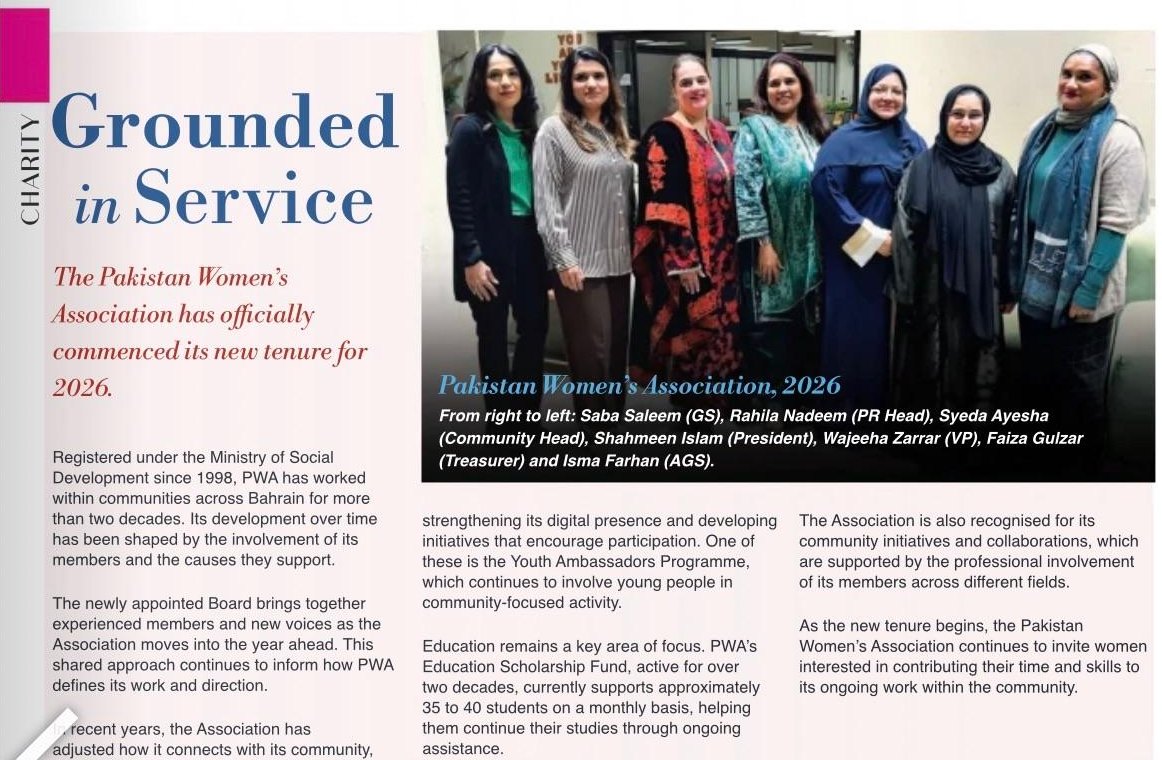 Woman This Month page titled Grounded in Service, with the 2026 board photo