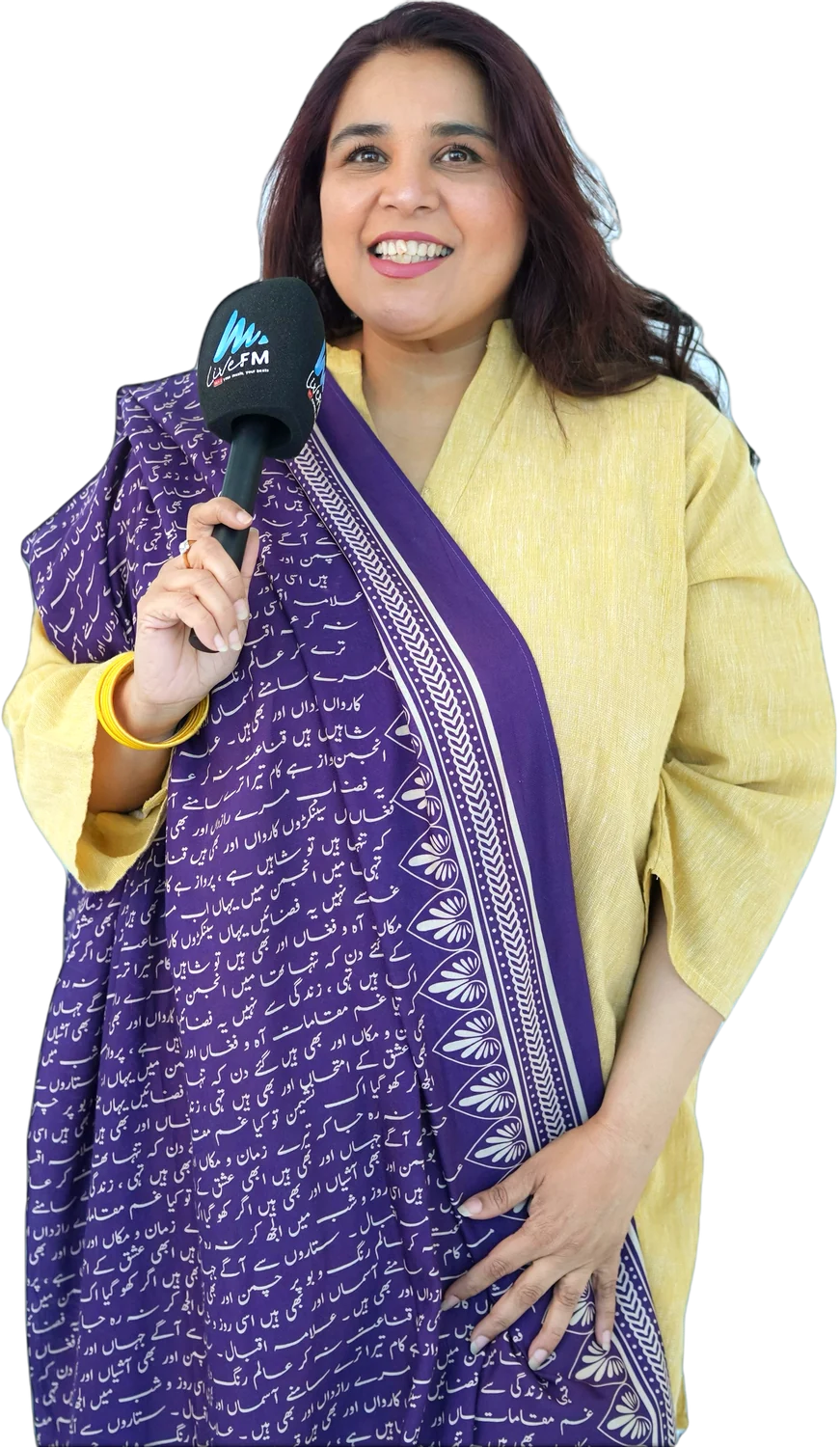 Shahmeen Islam holding a Live FM microphone